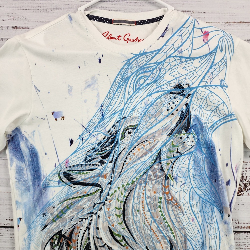 Robert Graham Howling Wolf Graphic Tee Abstract Blue Pattern White Mens Small